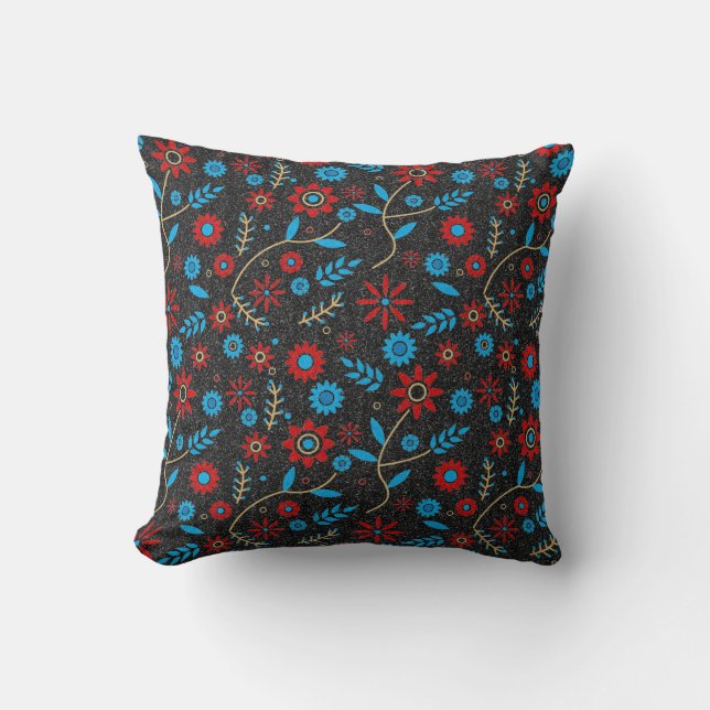 Flower Red Gold Blue Black Glitter Stylish Pattern Cushion (Front)