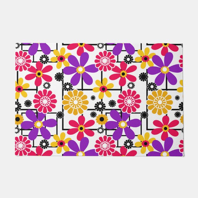 Flower retro, bright retro, floral, red and yellow doormat (Front)