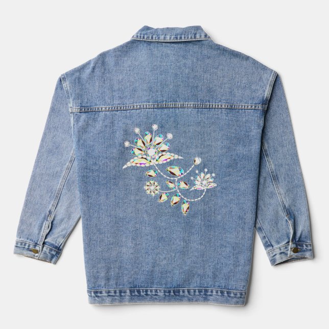 Flower rhinestone brooch pastel pink white teal  denim jacket (Back)
