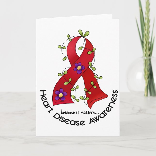 Flower Ribbon HEART DISEASE AWARENESS T-Shirts Card (Front)