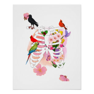 Flower Ribcage and Birds Surreal Nature Poster
