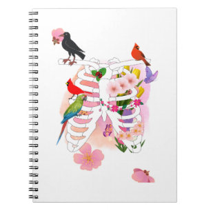 Flower Ribcage and Birds Surreal Nature Poster Notebook