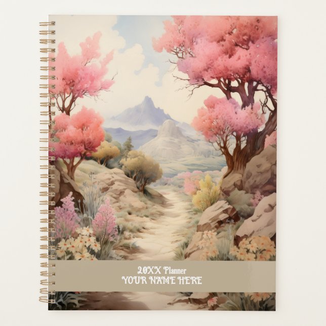 Flower road path mountain view Pink Planner (Front)