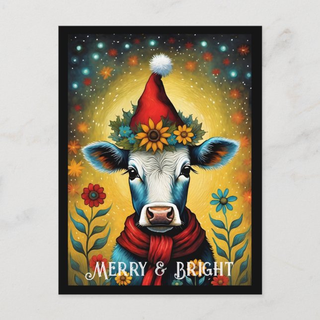 Flower Santa Cute Baby Cow Colourful Christmas  Postcard (Front)