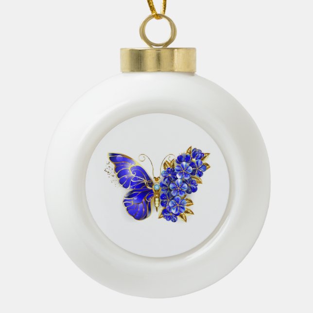 Flower Sapphire Butterfly Ceramic Ball Christmas Ornament (Front)
