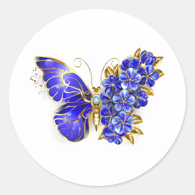 Flower Sapphire Butterfly Classic Round Sticker (Front)