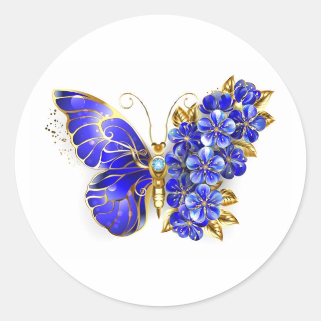 Flower Sapphire Butterfly Classic Round Sticker (Front)