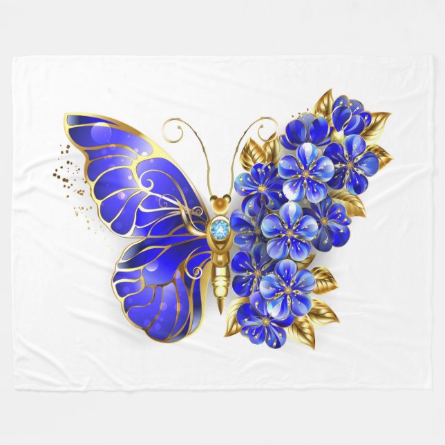 Flower Sapphire Butterfly Fleece Blanket (Front (Horizontal))