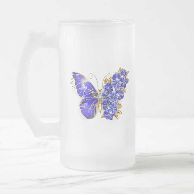 Flower Sapphire Butterfly Frosted Glass Beer Mug (Left)