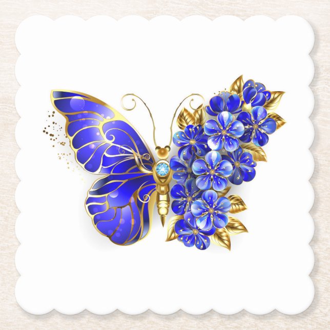 Flower Sapphire Butterfly Paper Coaster (Front)