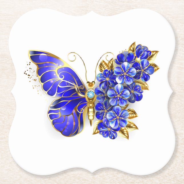 Flower Sapphire Butterfly Paper Coaster (Front)