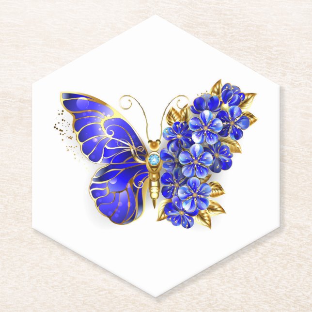 Flower Sapphire Butterfly Paper Coaster (Front)