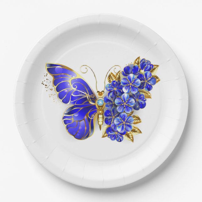 Flower Sapphire Butterfly Paper Plate (Front)