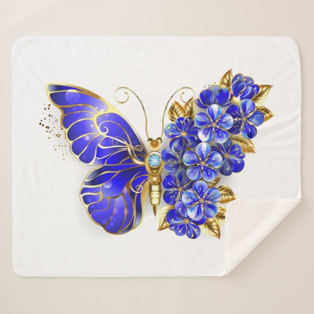 Flower Sapphire Butterfly Sherpa Blanket (Front (Horizontal))