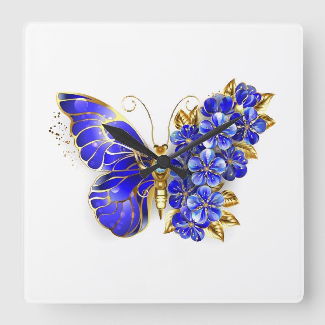 Flower Sapphire Butterfly Square Wall Clock (Front)