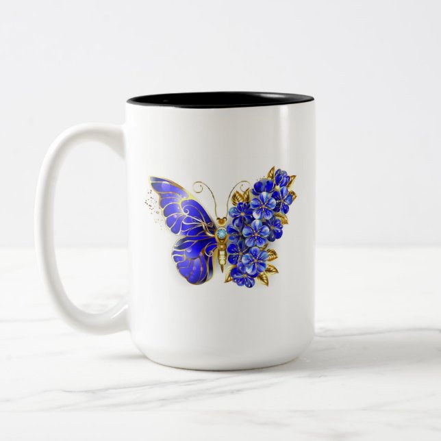 Flower Sapphire Butterfly Two-Tone Coffee Mug (Left)