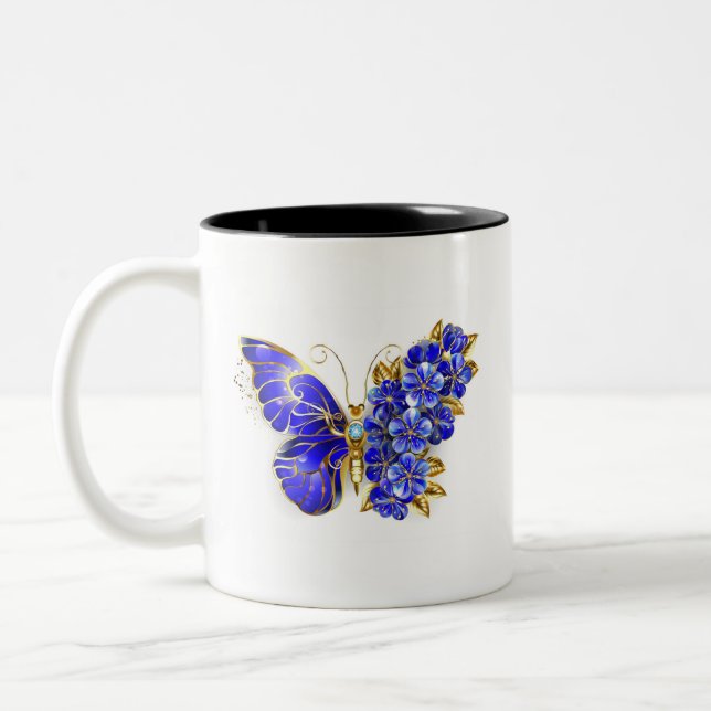Flower Sapphire Butterfly Two-Tone Coffee Mug (Left)