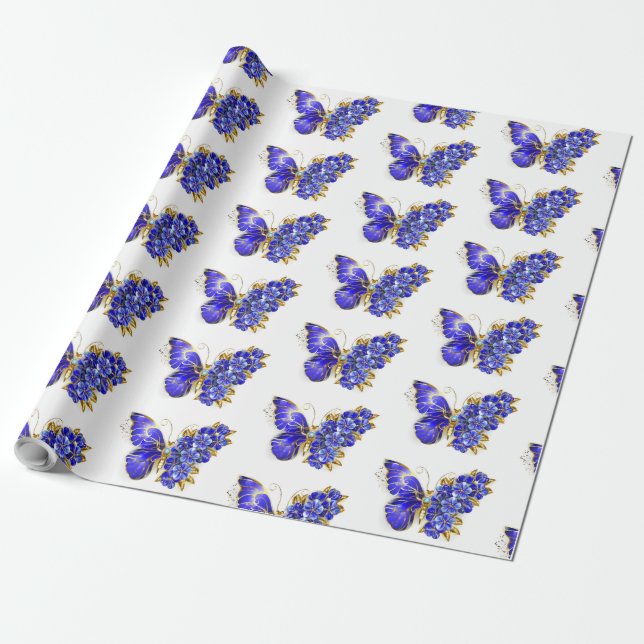 Flower Sapphire Butterfly Wrapping Paper (Unrolled)