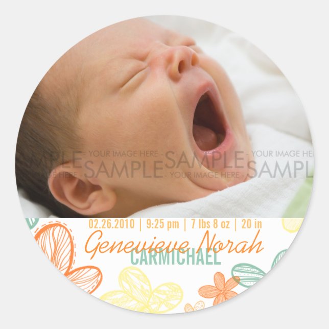 Flower Scribbles Multi • Baby Announcement Classic Round Sticker (Front)