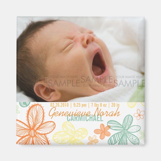 Flower Scribbles Multi • Baby Announcement Magnet (Front)