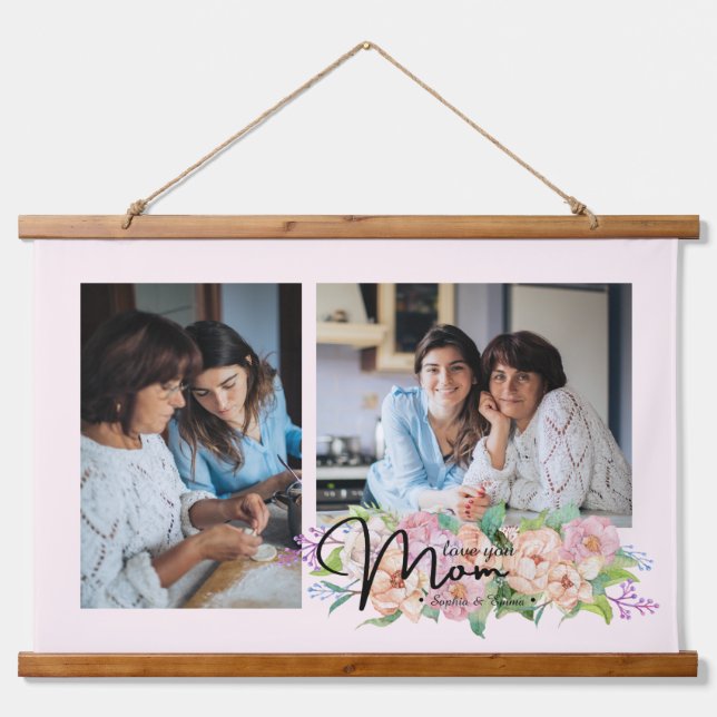 Flower Script Love You Mum 4 Photo Collage Hanging Tapestry (Front)