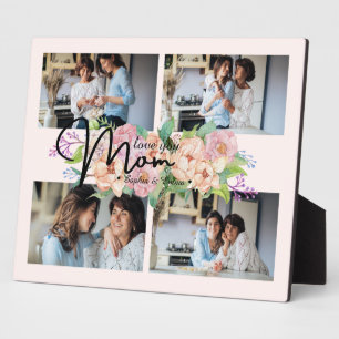 Flower Script Love You Mum 4 Photo Collage Plaque