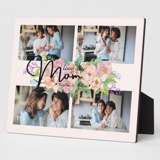 Flower Script Love You Mum 4 Photo Collage Plaque (Side)