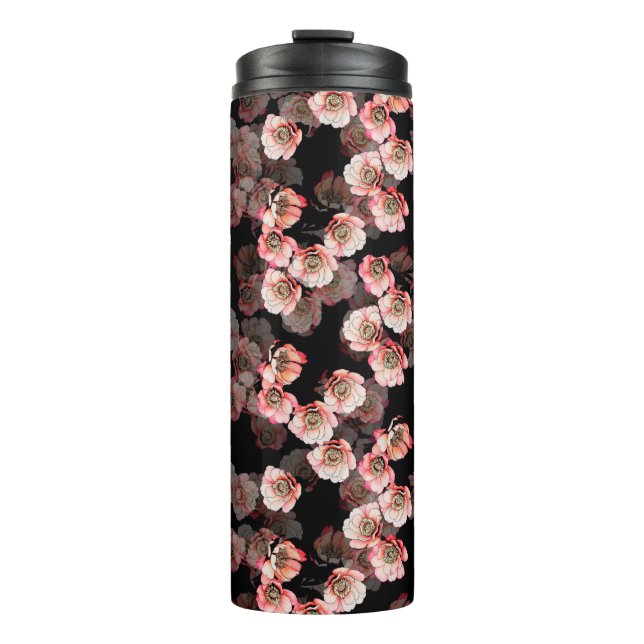 Flower seamless pattern bloom peony on black thermal tumbler (Front)