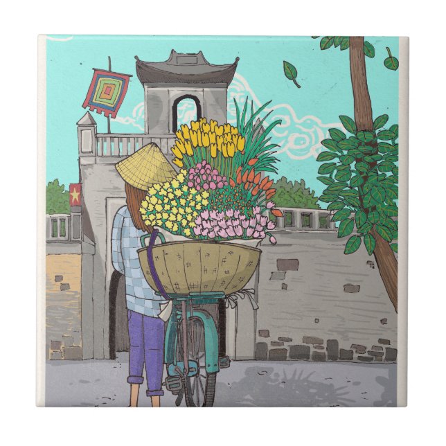 Flower Seller Street Hawker Hanoi Vietnam Tile (Front)