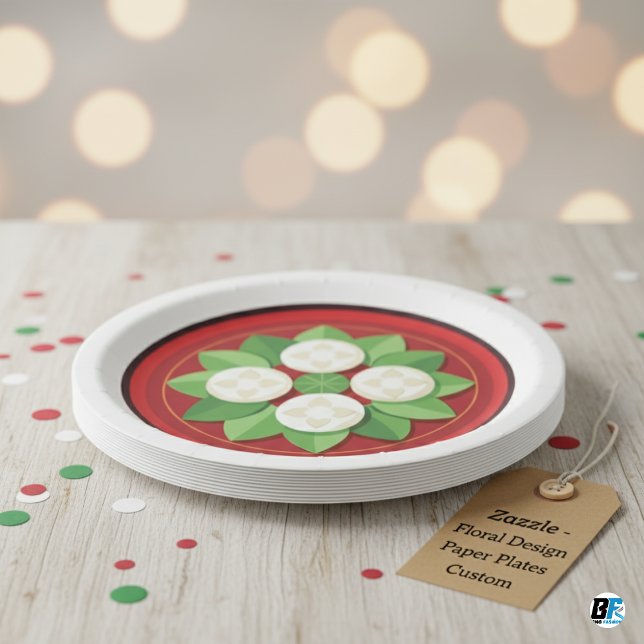Flower Shape On a Dark Red With Border & Leaves Paper Plate (Creator Uploaded)