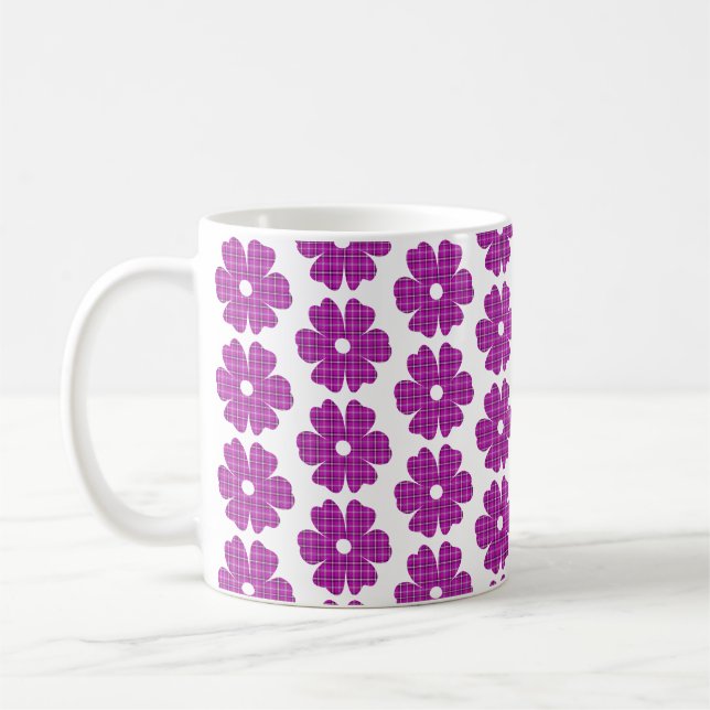 Flower Shape Plaid Pink Purple Coffee Mug (Left)