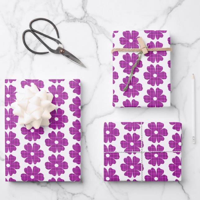 Flower Shape Plaid Pink Purple Wrapping Paper Sheet (Front)