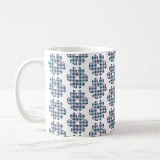 Flower Shape Plaid Pink Teal Coffee Mug (Left)