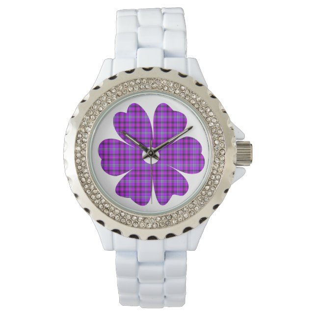 Flower Shape Plaid Purple Pink Watch (Front)