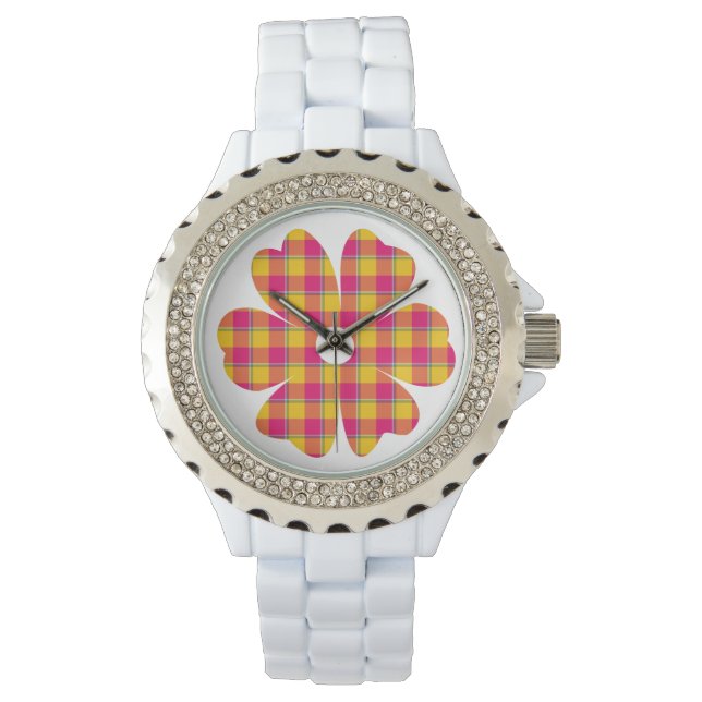Flower Shape Plaid Yellow Orange Pink Watch (Front)