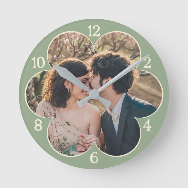 Flower Shaped Easy Custom Photo Template Sage Round Clock (Front)