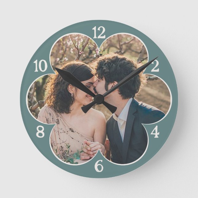 Flower Shaped Easy Custom Photo Template Teal Round Clock (Front)