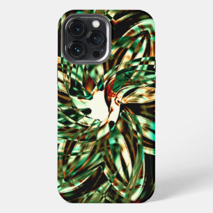 Flower-shaped metallic green stripes, shiny sepia iPhone 13 pro max case