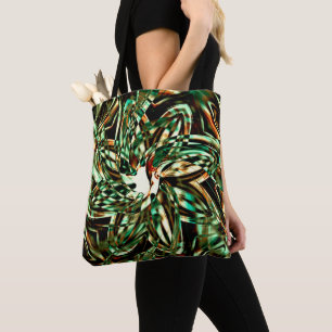 Flower-shaped metallic green stripes, shiny sepia tote bag