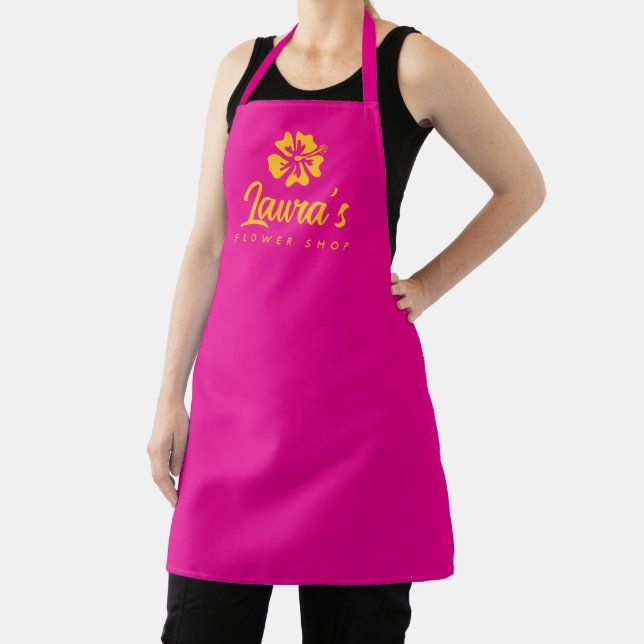Flower shop apron with Hibiscus floral logo (Insitu)