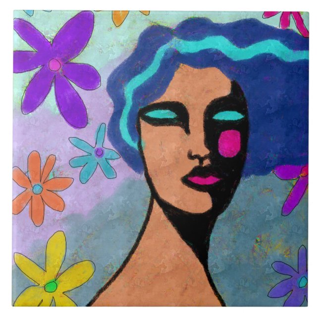 Flower Shower Abstract Digital Portrait of a Woman Tile (Front)