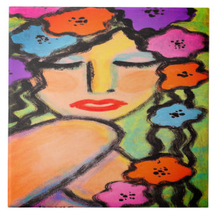 Flower Shower Abstract Portrait of a Woman Tile