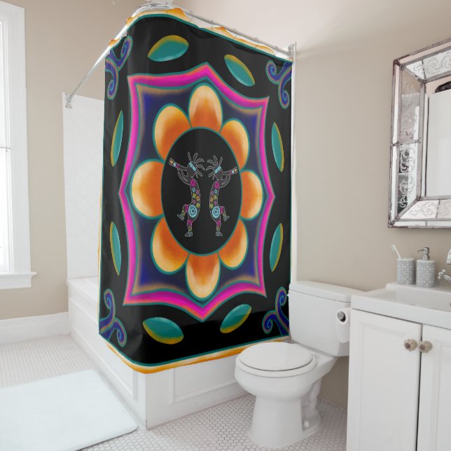Flower Silhouette Turquoise Kokopelli  Shower Curtain (In Situ)