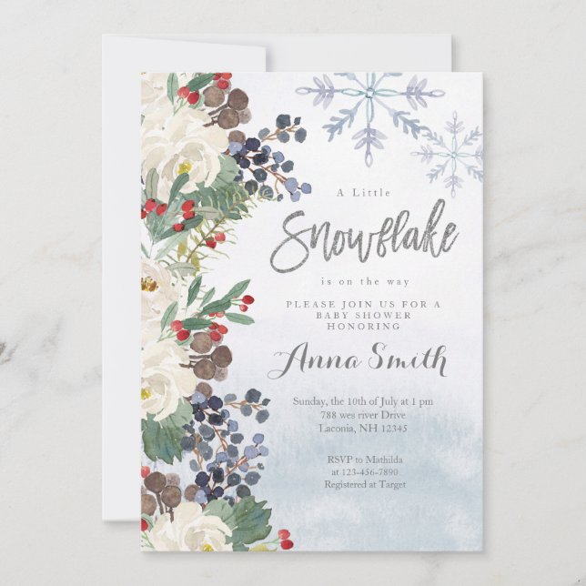 Flower Silver Winter Snowflakes baby shower Invitation (Front)