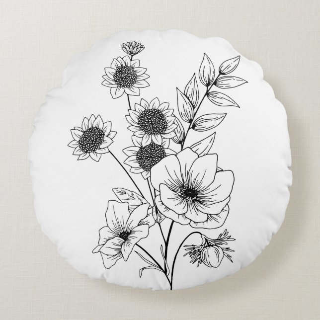 Flower sketch  round cushion (Front)