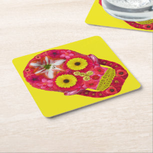Flower Skull 6 Square Paper Coaster