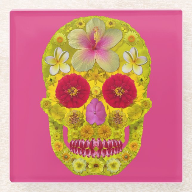 Flower Skull 8 Glass Coaster (Front)