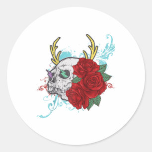 Flower Skull And Rose Tattoo Art Graphic Floral Go Classic Round Sticker