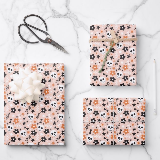Flower Skull Pattern Wrapping Paper Sheet (Front)