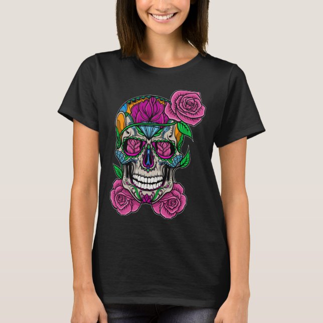 Flower Skull Sugar Roses Floral Skeleton Cute Punk T-Shirt (Front)